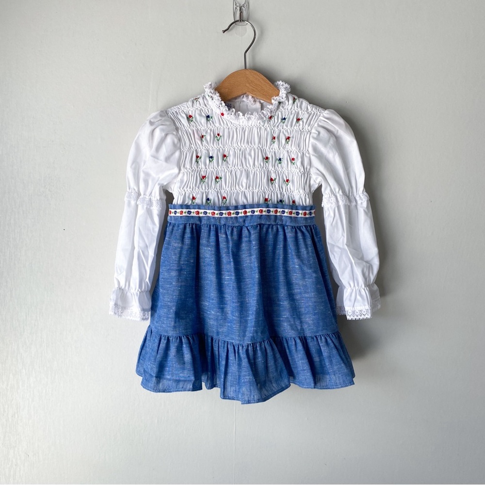 Vintage Polly Flinders Hand Smocked Embroidered Floral Prairie Cottagecore Dress